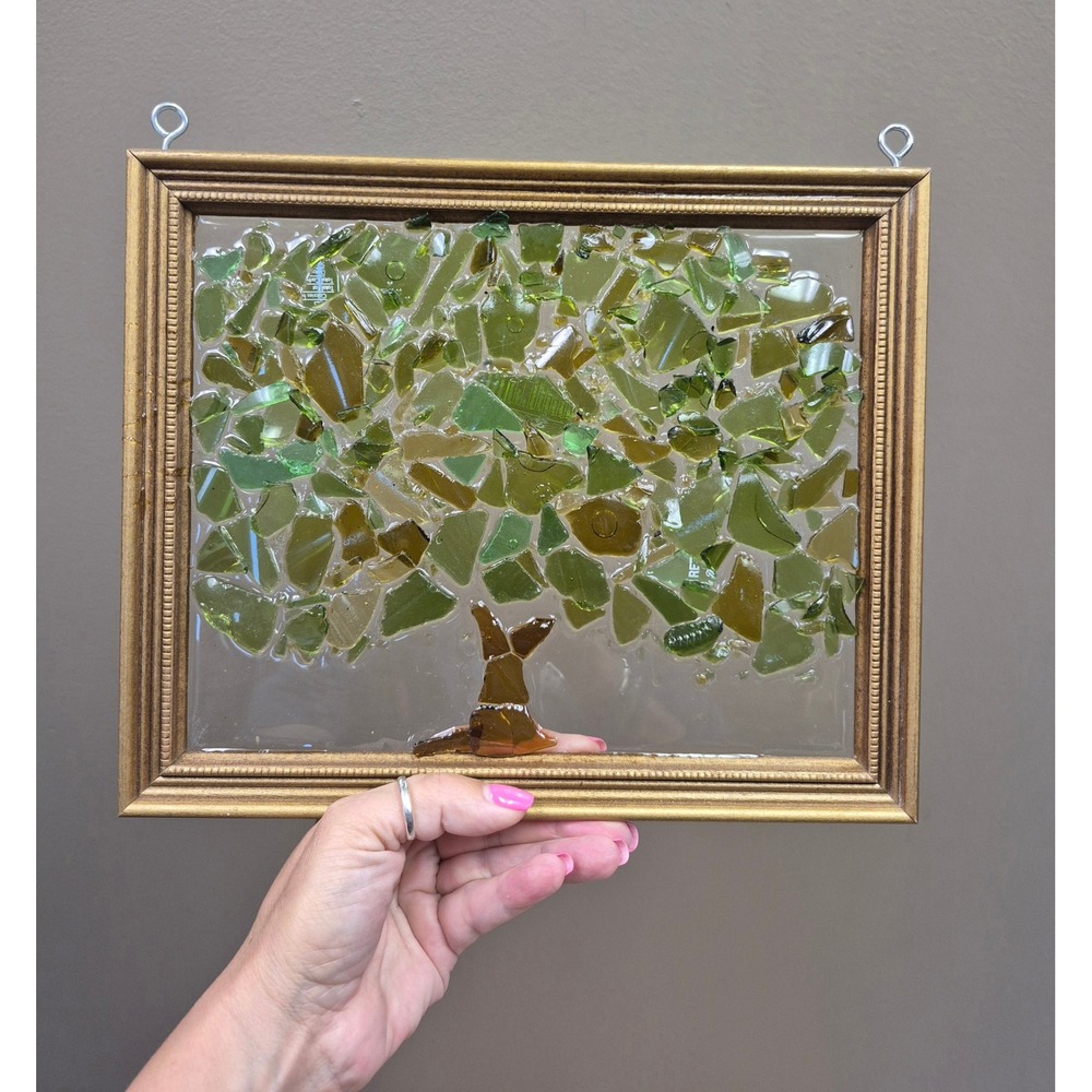 Vintage Recycled Glass Bottle Tree Wall Art Framed Handmade Green Glass Mosaic